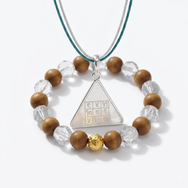 Powerful Budh Pyra Silver Locket with Wood Crystal Bracelet – Diamond Cut Combo — Consecrated Numero-Vastu Remedy by Dhrminder Bhattia