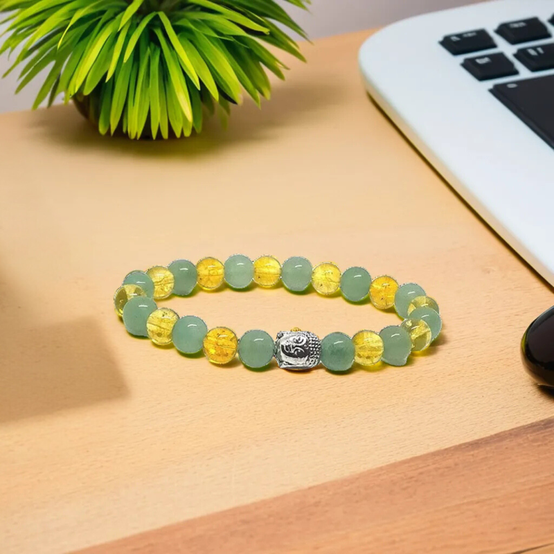 Citrine and Green Aventurine Buddha face Bracelet (8mm) for Men and Women - — Consecrated Numero-Vastu Remedy by Dhrminder Bhattia