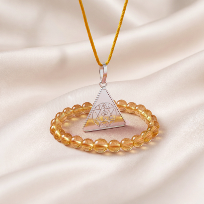 Gayatri Yantra Pendant In Pure Silver And Citrine Crystal Bracelet Combo — Consecrated Numero-Vastu Remedy by Dhrminder Bhattia