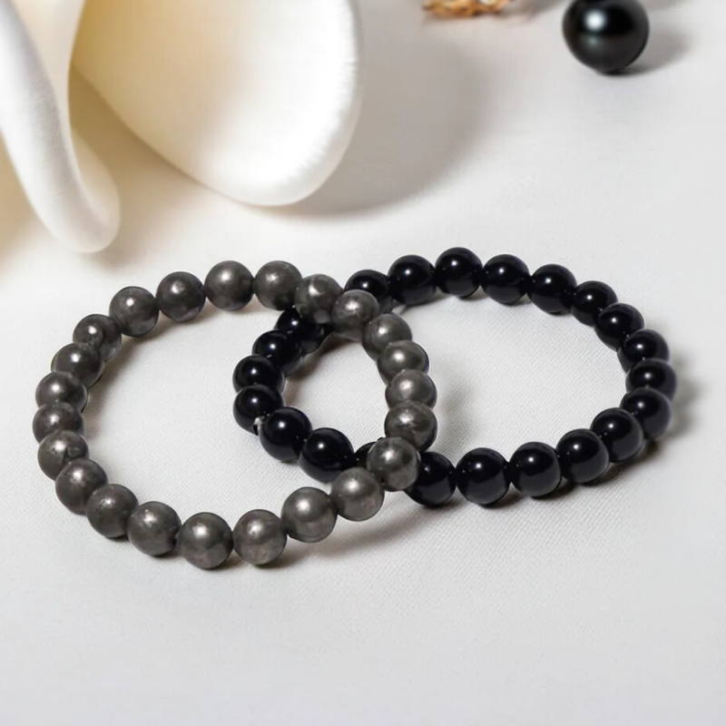 Black Obsidian Bracelet + Pyrite Bracelet (Combo) (8mm) for Men and Women - — Consecrated Numero-Vastu Remedy by Dhrminder Bhattia