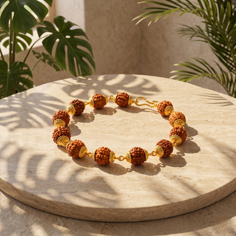 Rudraksha Bracelet with Gold-Toned Caps and Hook Clasp - — Consecrated Numero-Vastu Remedy by Dhrminder Bhattia