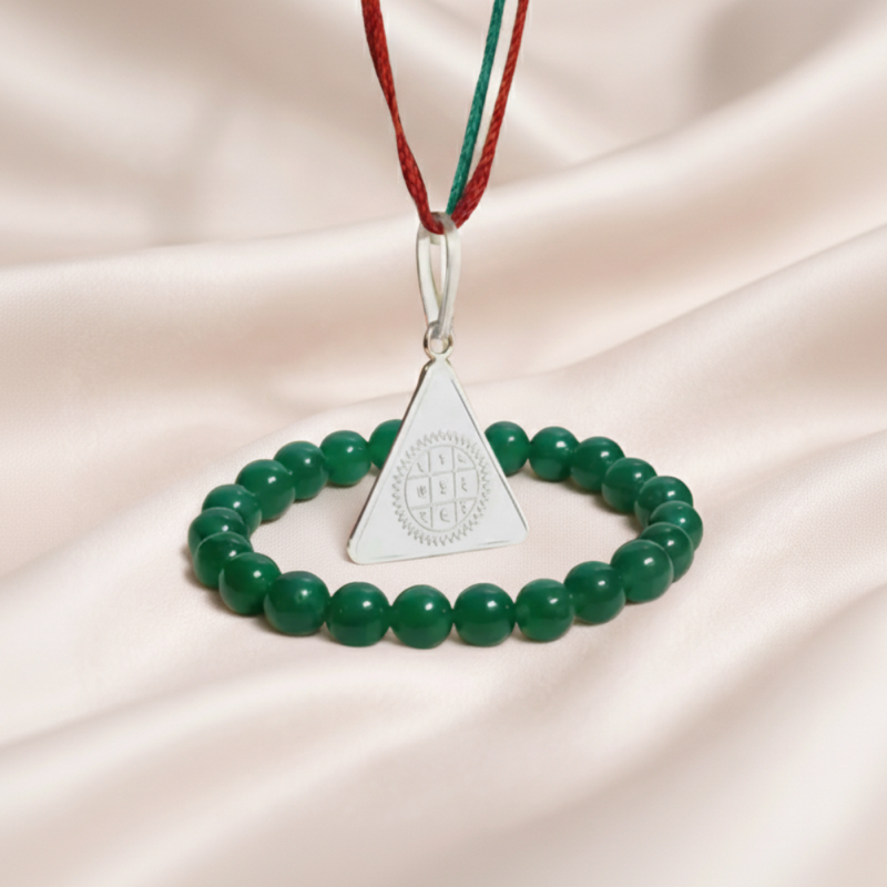 Surya Budh Yantra Locket And Green Jade Bracelet Combo — Consecrated Numero-Vastu Remedy by Dhrminder Bhattia