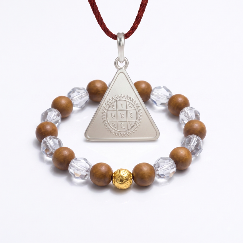 Powerful Surya Yantra Pure Silver Locket & Wood Crystal Bracelet Combo — Consecrated Numero-Vastu Remedy by Dhrminder Bhattia