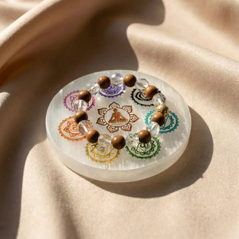 Wood & Clear Crystal Bracelet with Charging Selenite Plate Combo - — Consecrated Numero-Vastu Remedy by Dhrminder Bhattia